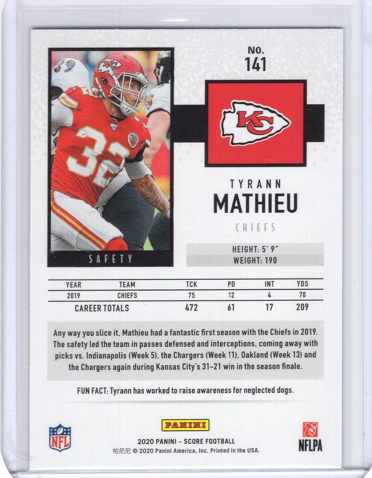 2020 Panini Score Showcase #141 Tyrann Mathieu 40/100 - Image 2 of 2