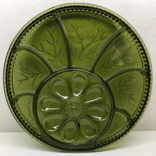 Vintage Indiana Green Glass Deviled Egg Relish Serving Plate Platter / 12.75" 