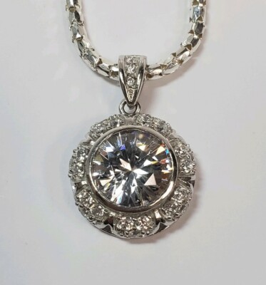 Large Cubic Zirconia Sterling Silver Circle Pendant Necklace