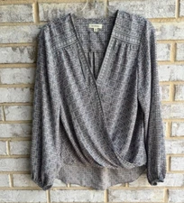 Max Studio Geometric Print V-Neck Long Sleeve Wrap Blouse Women's Size M