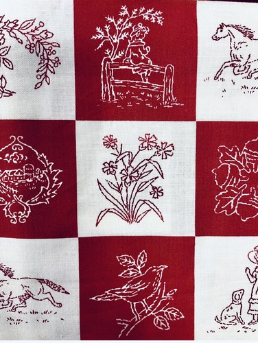 VTG Marcus Bros. Red work White Work Cheater Quilt Red & White Check BTFQ - Picture 4 of 11