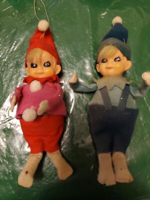 Vtg Christmas Elves Felt Standing Pixies 7 '' Blonde Japan Lot Of 2 Pink Clown 