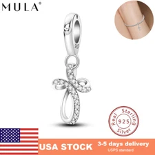 MULA 925 Sterling Silver Charm AAA CZ Eternal Cross Dangle fit Bracelet Necklace