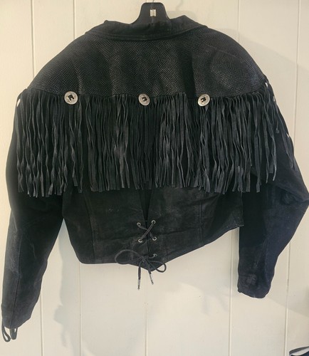 G - III VTG Western Black Leather Tassle Fringe Womens Large Crop Jacket - Picture 5 of 5
