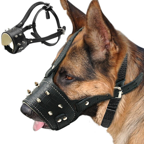 Studded Leather Muzzle for Large Dog Pitbull Adjustable German Shepherd Basket - Photo 1 sur 12