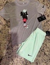 Nike Boys Dri Fit Short Set Size Youth Large Gray Green Shoe Box Logo
