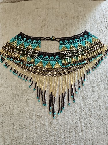 Southwestern Festival Hand beaded Tribal Necklace Collar With Fringe & Bracelet - Picture 4 of 4