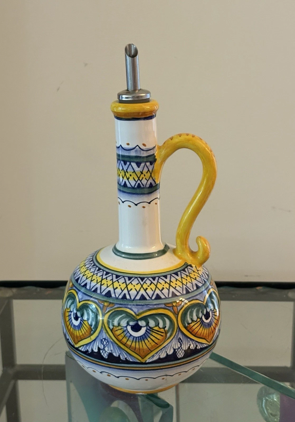 Ceramic Italian Oil Bottle Dispenser w Handle Hand Painted from Italy 8"