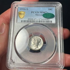 1916-S PCGS MS67+ CAC Mercury Silver Dime Lightly Toned TOP POP