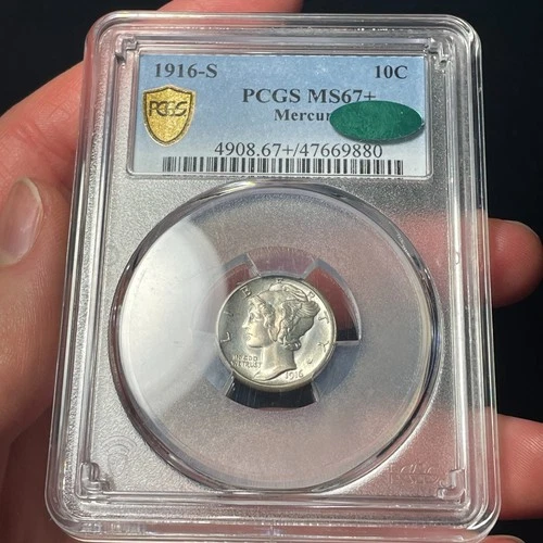 1916-S PCGS MS67+ CAC Mercury Silver Dime Lightly Toned TOP POP