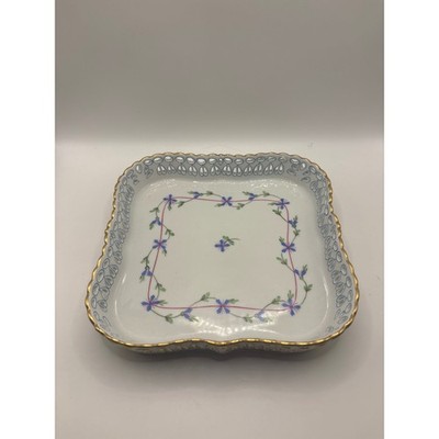 Herend Hungary Petit Bouquet Reticulated Square Bowl Hand Painted Gold Trim 7510