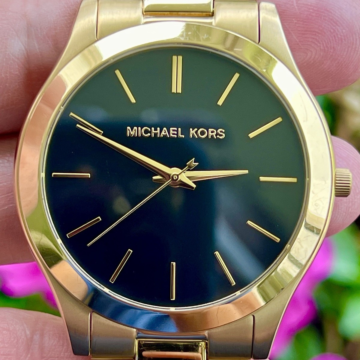 Michael Kors MK8621 Men's Slim Runway Gold-Tone Black Dial Watch NOS! No  Box!