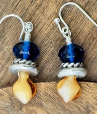 Etched Silver, Blue and Yellow Picasso Bead Teardrop Dangle Earrings.