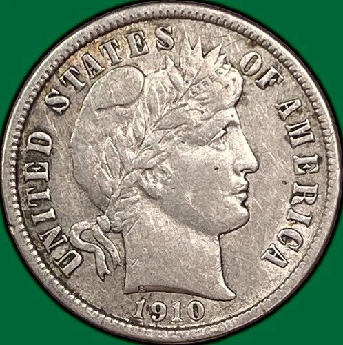 1910 Barber Dime Silver Almost Uncirculated AU Coin, Harshly Cleaned #33339