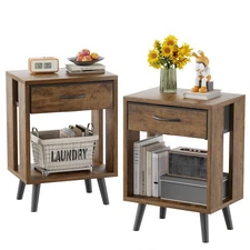 Nightstand Set of 2 with Fabric Drawers and Open Shelves, Bedside Table Set -...
