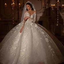 Luxurious A-line Wedding Dress V-neck Off Shoulder Long Sleeved Lace Bridal Gown