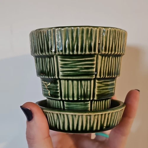 McCoy Green Ceramic Basketweave Art Pottery Planter with Saucer, Round, USA