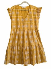 Loft Eyelet Mustard yellow Embroidered Dress Oversized Small Button Floral