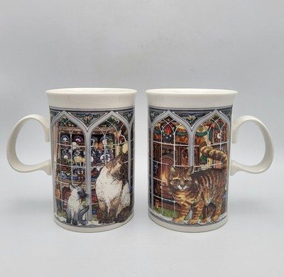 Vtg Dunoon Cup Christmas Siamese Tabby Cat Mug Sue Scullard Scotland Set Of 2