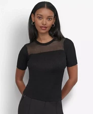 DKNY Women's Top Petite PM Mesh-Trim Ribbed Knit