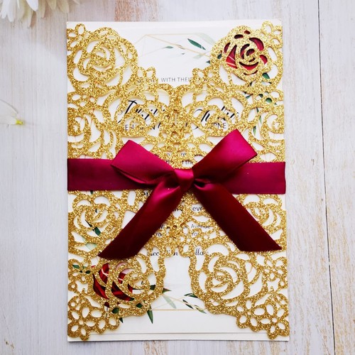 Gold Glitter Wedding Invitations 20 Pack 5x7.28 inch Blank Laser Cut Rose