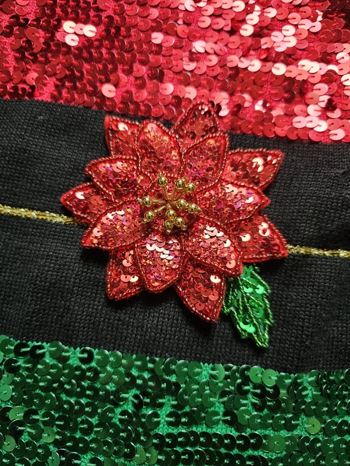 Vintage Berek Lantejoulas Natal Férias Suéter Feminino Médio Poinsetta Broche - Imagem 2 de 4