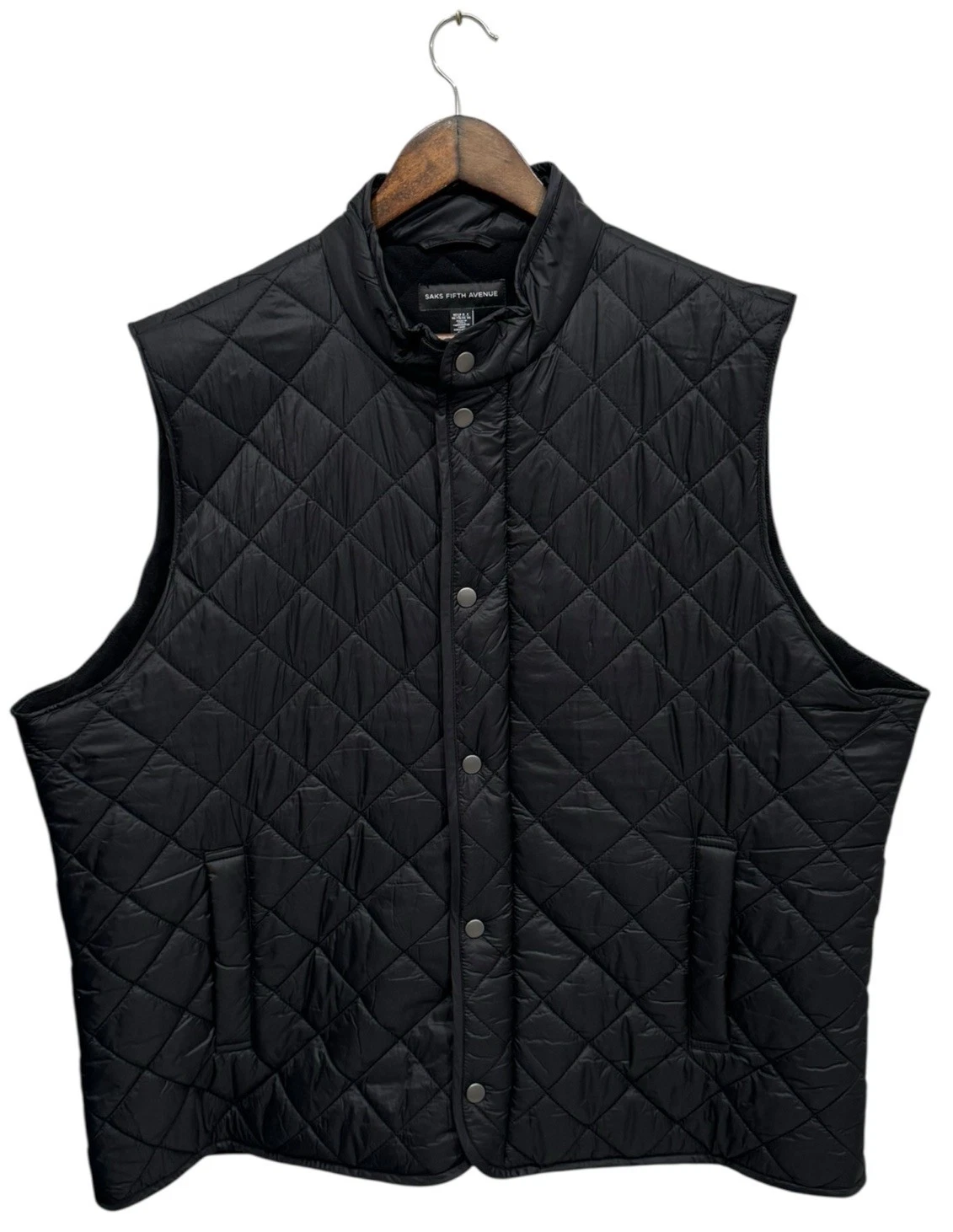 Saks Fifth Avenue Mens Quilted Vest XXL Black Snap Full Zip Fleece Lined Outdoor