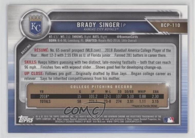 2019 Bowman Chrome Prospects Blue Refractor /150 Brady Singer #BCP-110 - Image 2 of 2