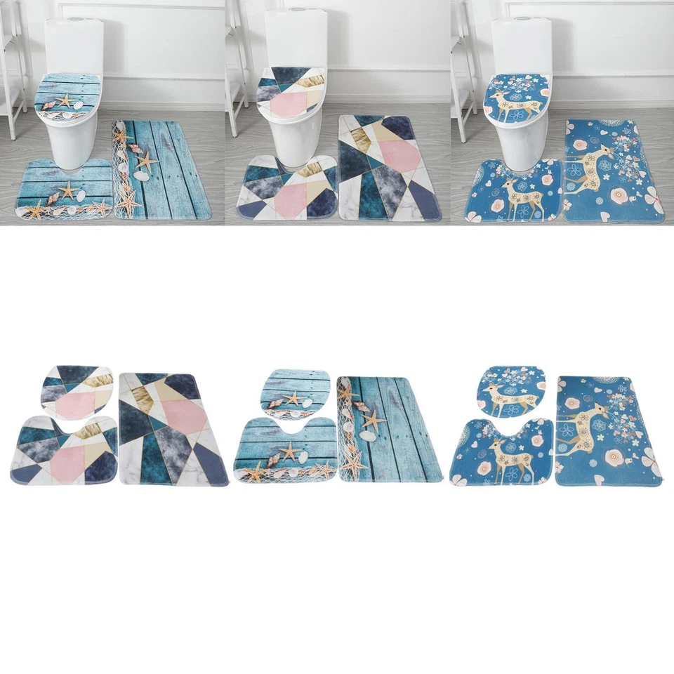 3 Pieces Bathroom Rug Set Toilet Seat Cover Washable with U Shape Toilet Mat