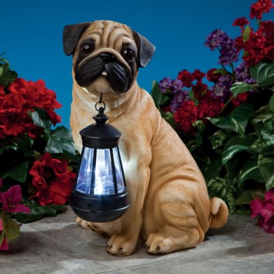 Realistic Fawn Pug Puppy Dog Garden Sculpture Holding Solar LED Lighted Lantern