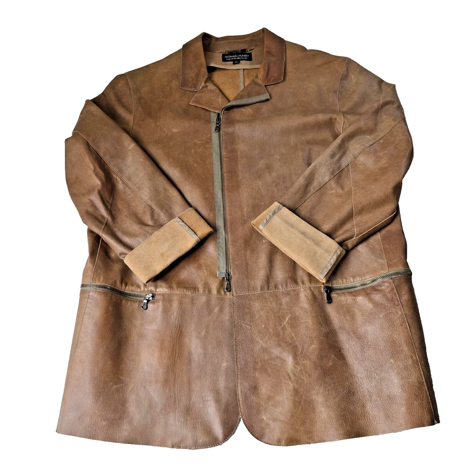 Chaqueta de Cuero Donald Pliner Hombres EU 58 XL Marrón Italiano Otoño Peso Blazer Cremallera Foto 3 de 4