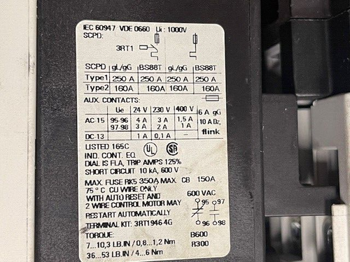 Siemens 3RT1046-1A Contactor w/ 3RU1146-4KBO Overload Relay, 3P, Used - Picture 6 of 16