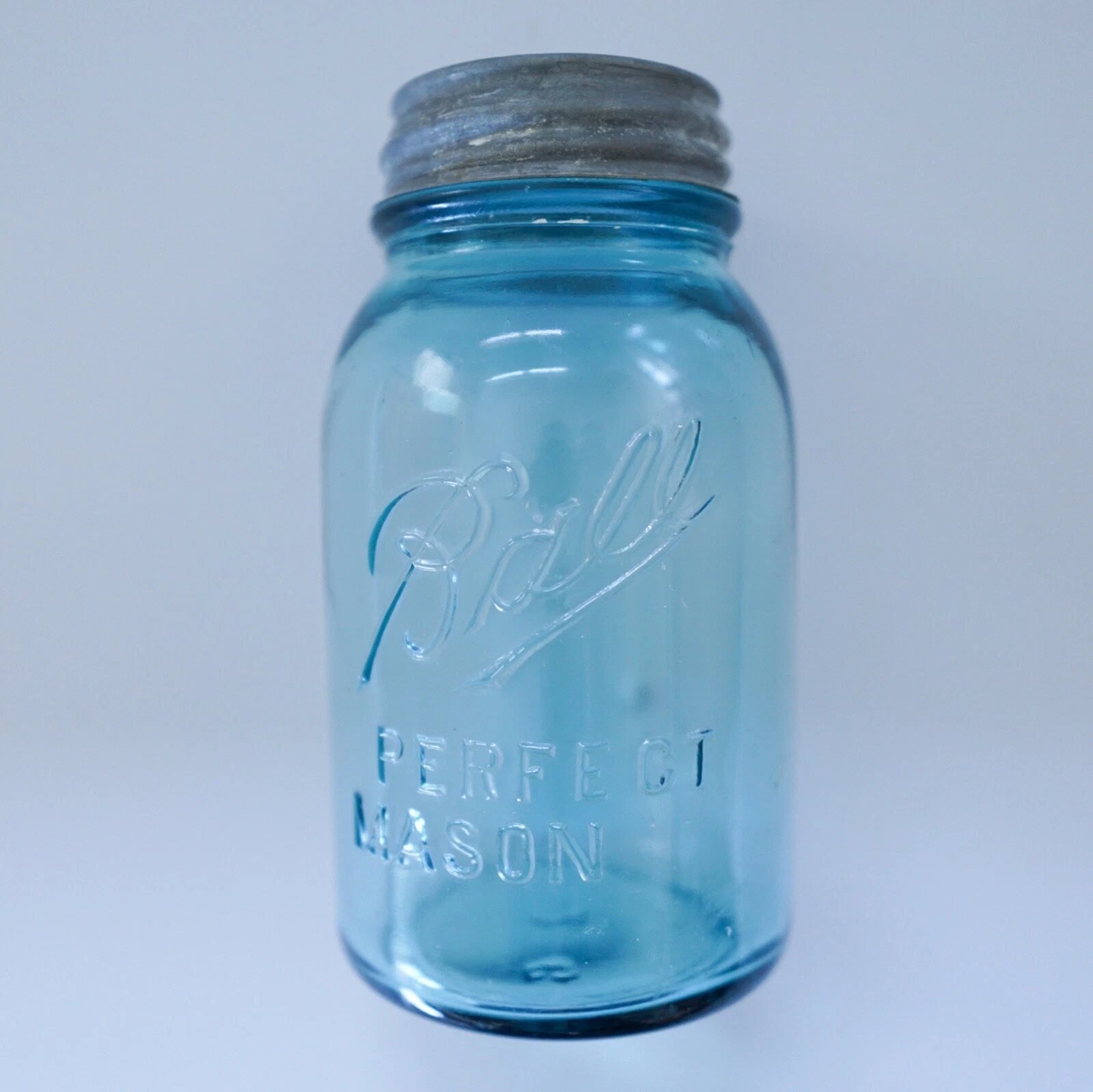Ball Perfect Mason Jar Quart Size Antique Blue Glass Vintage Zinc Lid