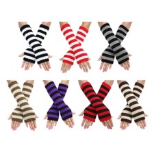Women Lengthen Wrist Gloves Keep Warm Mittens Stripe Pattern Half Finger Gloves