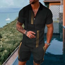 NEW Mens 2-Piece Set Summer Polo Sweatsuit Short Sleeve T Shirts  Shorts Set