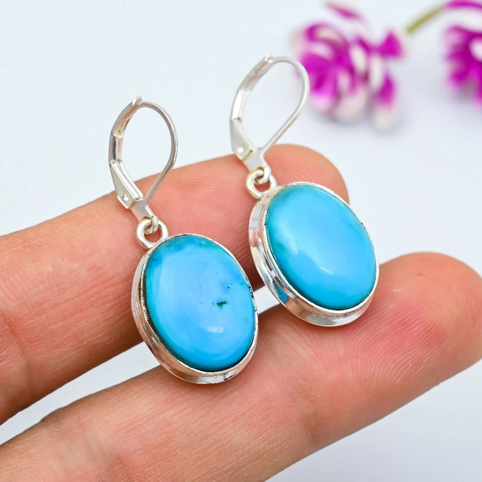 Natural Blue Turquoise Gemstone Handmade 925 Sterling Silver Jewelry Earrings - Image 2 of 4