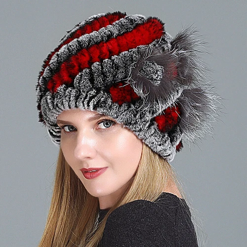 Damen Echt Rex Kaninchenfell Beanie Mütze Winter Warm Mütze mit Fuchs Handarbeit Geflochten - Bild 34 von 52