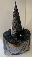 Deluxe Adult SPIDER WEB WITCH HAT Tulle Feathers RIBBON FLOWER Gems BLACK/SILVER