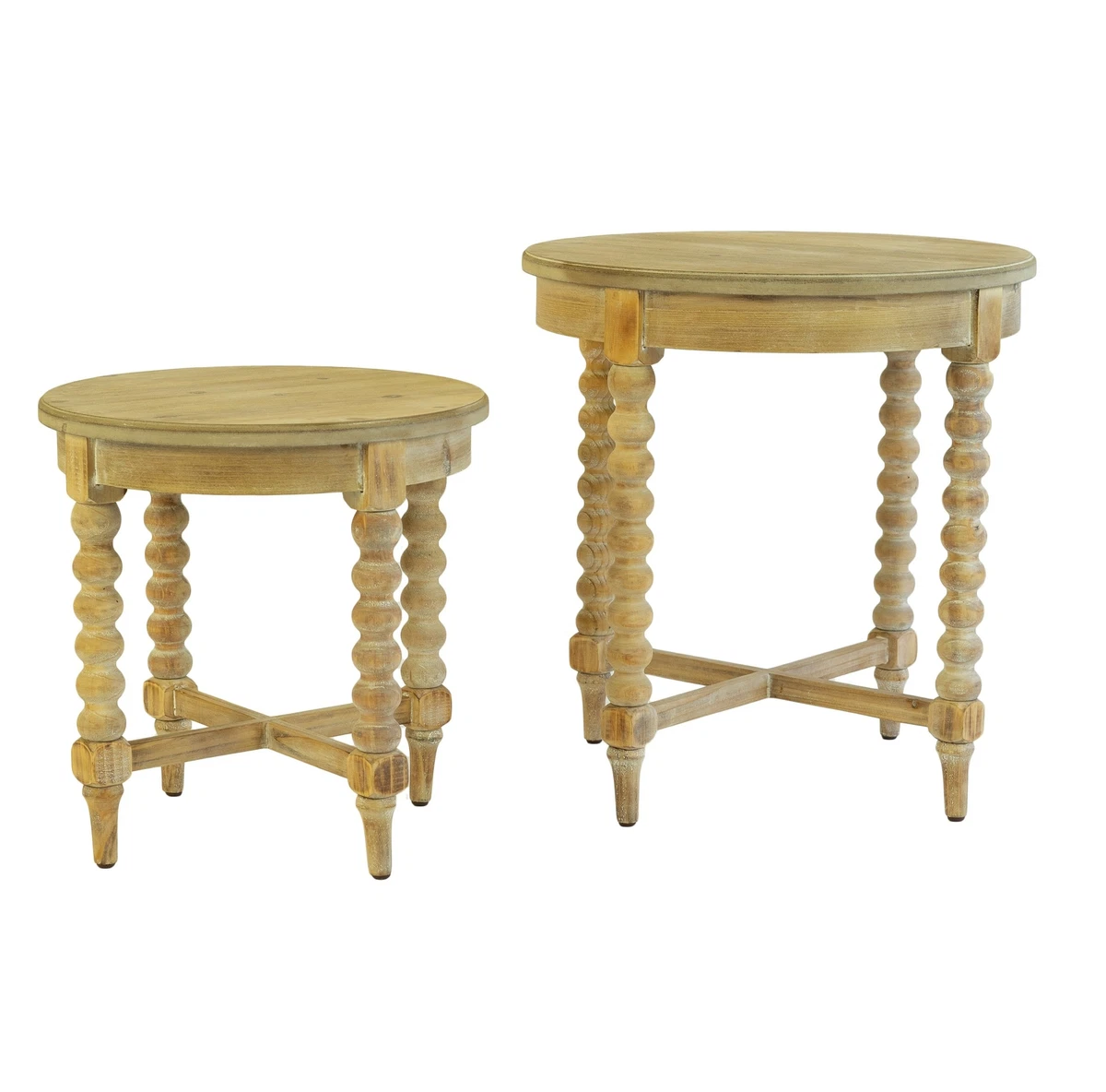 Farmhouse Natural Wood Round Side Table Set 2 Rustic Turned Spindle Legs Rustic