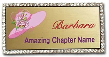 #118PK RED HAT GOLD BLING CRYSTAL EDGED PERSONALIZED NAME BADGE PIN BACK