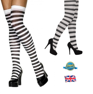Pair of BLACK & WHITE STRIPY TIGHTS Ladies Striped Socks Girls Fancy Dress | eBay