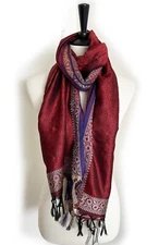 Long 21x74 Silk Scarf Woven India Red Color Block Purple Cobalt Black Tan Sheen