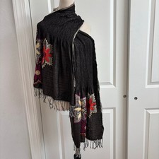 Embroidered Floral Smocked Pashmina Shawl Wrap Scarf Boho Fringe Reversible