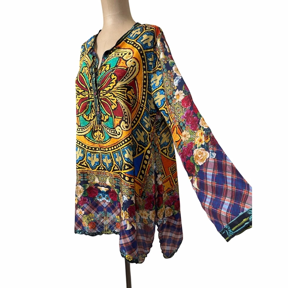 Johnny Was Oversized 100% Silk Patchwork Blouse Tunic Top Women’s XS NEW - Image 3 of 4