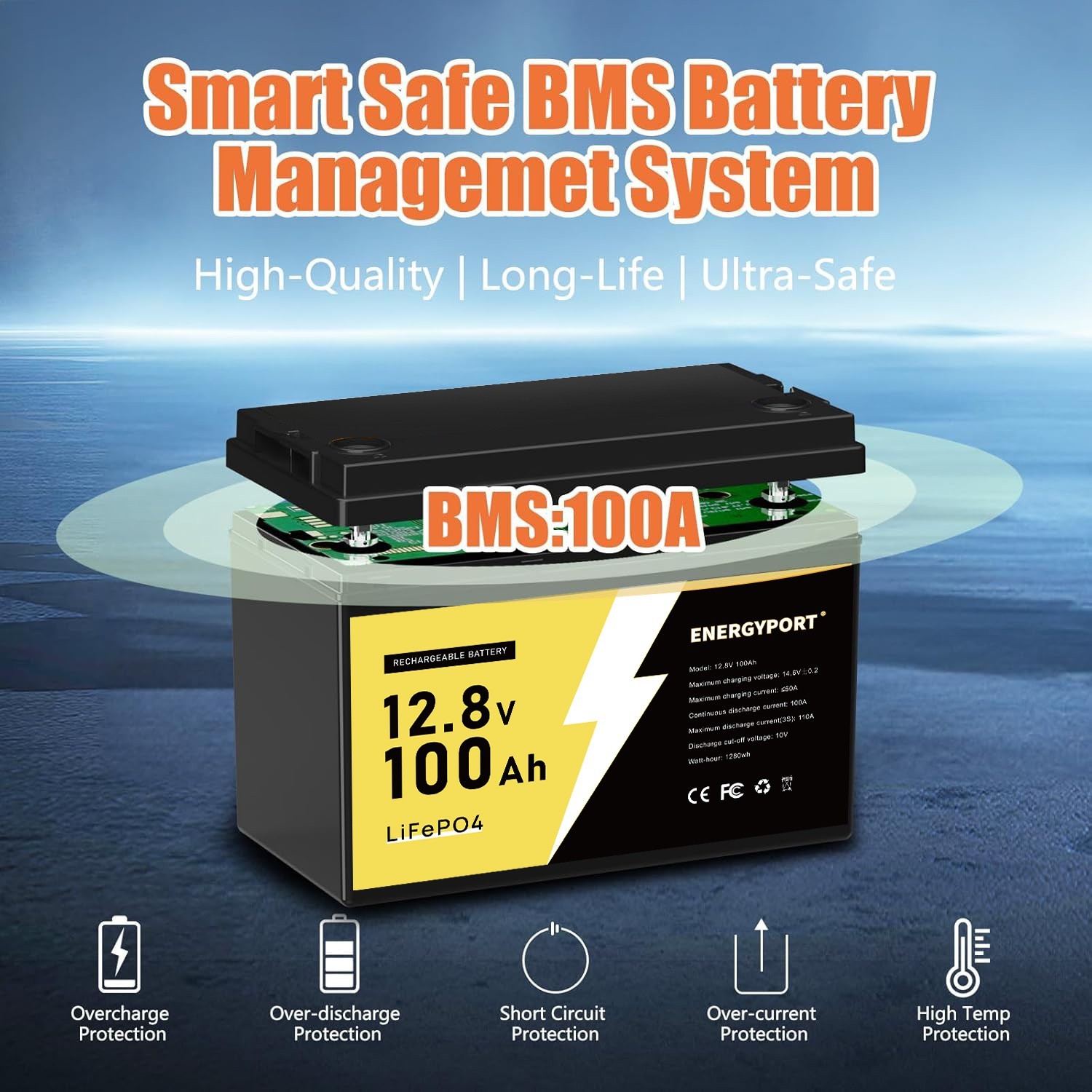 12V 100Ah LiFePO4 Deep Cycle Lithium Battery BMS For Marine RVs Trolling Motor