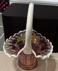 VINTAGE FENTON Pink Opalescent Carnival Glass Basket W/Butterfly Design 7.5 “
