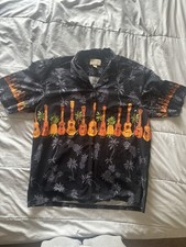 Winnie Fashion Black Hawaiian Shirt Guitar Pineapple Print Made In Hawaii XL