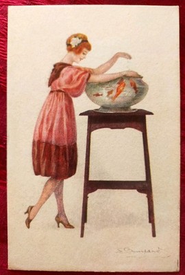Postkarte: Illustrator Serge Bompard - Frau und Goldfische - Nr. 932-3