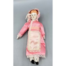 Vintage Bisque Porcelain Doll Pink Satin Lace Dress Bonnet 7 Inch Collectible