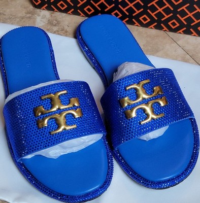 Tory Burch Everly Size 8.5 39 Sandals Blue Bling Rhinestone Gold Logo Slides NIB